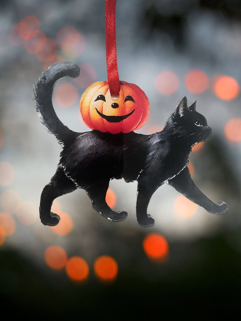 Black Cat with Pumpkin Halloween Ornament on Acrylic