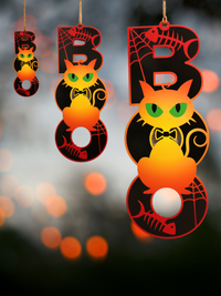 Set of Boo Cat Halloween Signs in small, medium, and large sizes. Includes a black cat with green eyes, spider web design, and orange accents, made from printed MDF