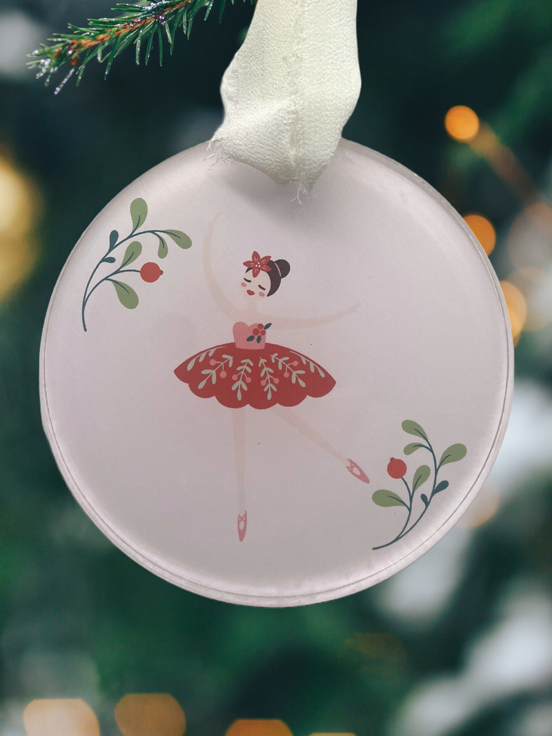 Elegant One-sided Ballerina Round Christmas Ornament with Delicate Floral Accents