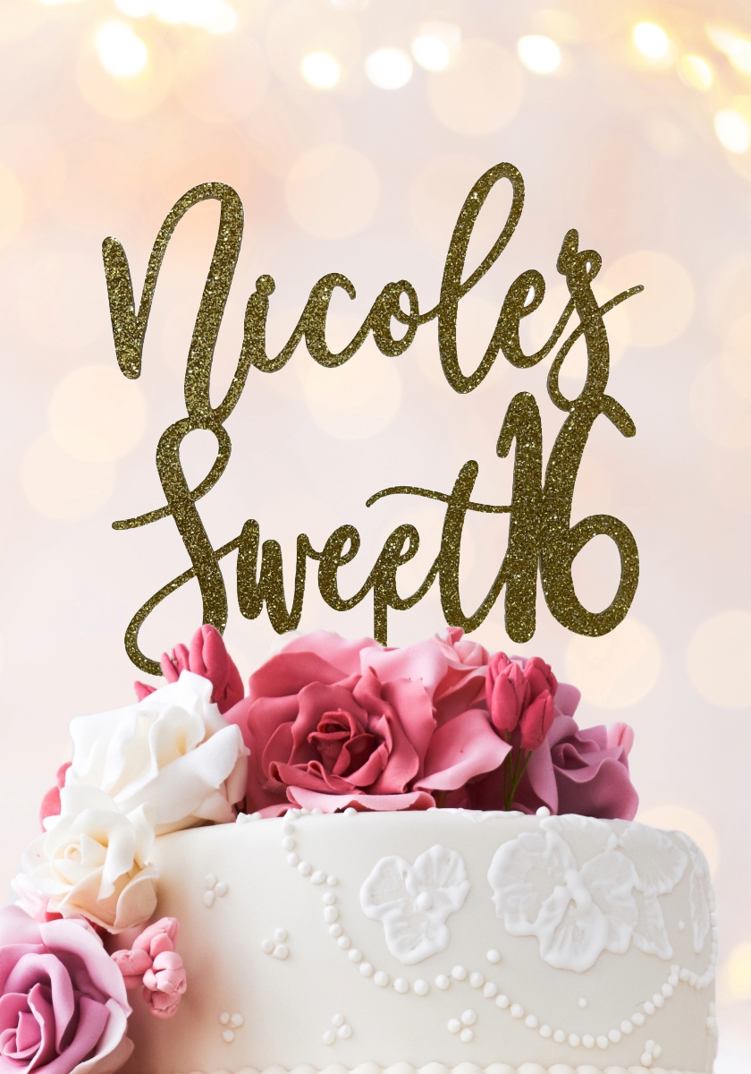custom Sweet 16 cake topper in cursive font, placed on top of a multi-tiered white cake adorned with pink and cream floral accents