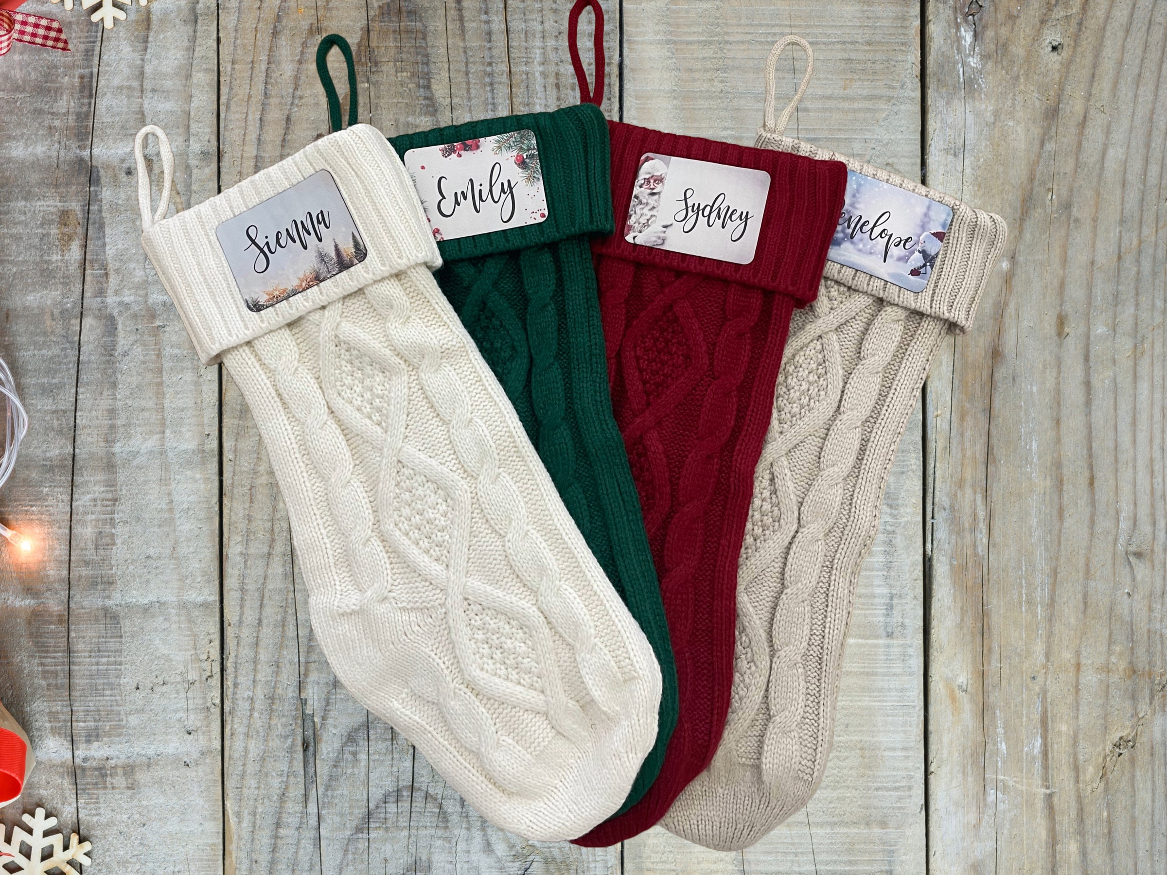 Knitted Christmas Stockings with Personalized Leatherette Name Tags