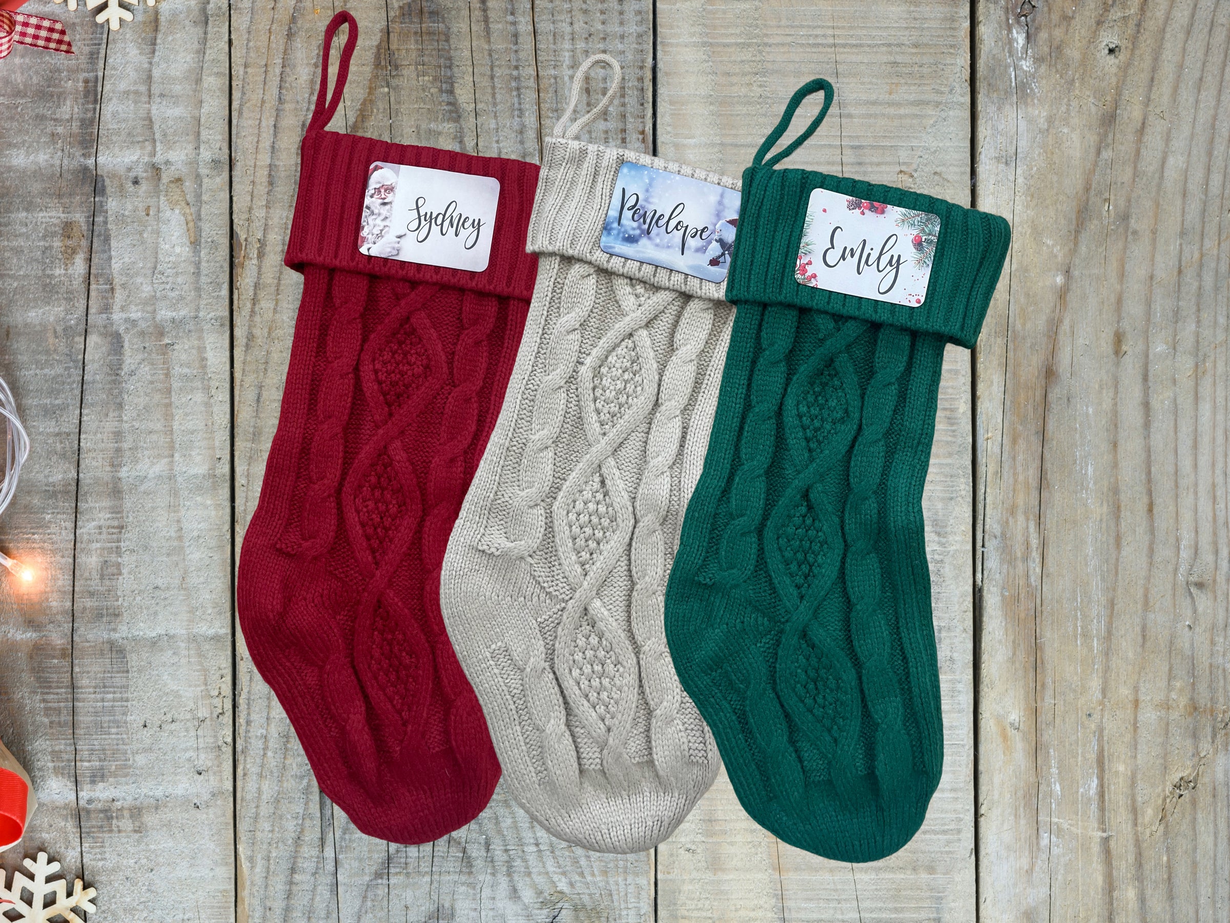 Knitted Christmas Stockings with Personalized Leatherette Name Tags