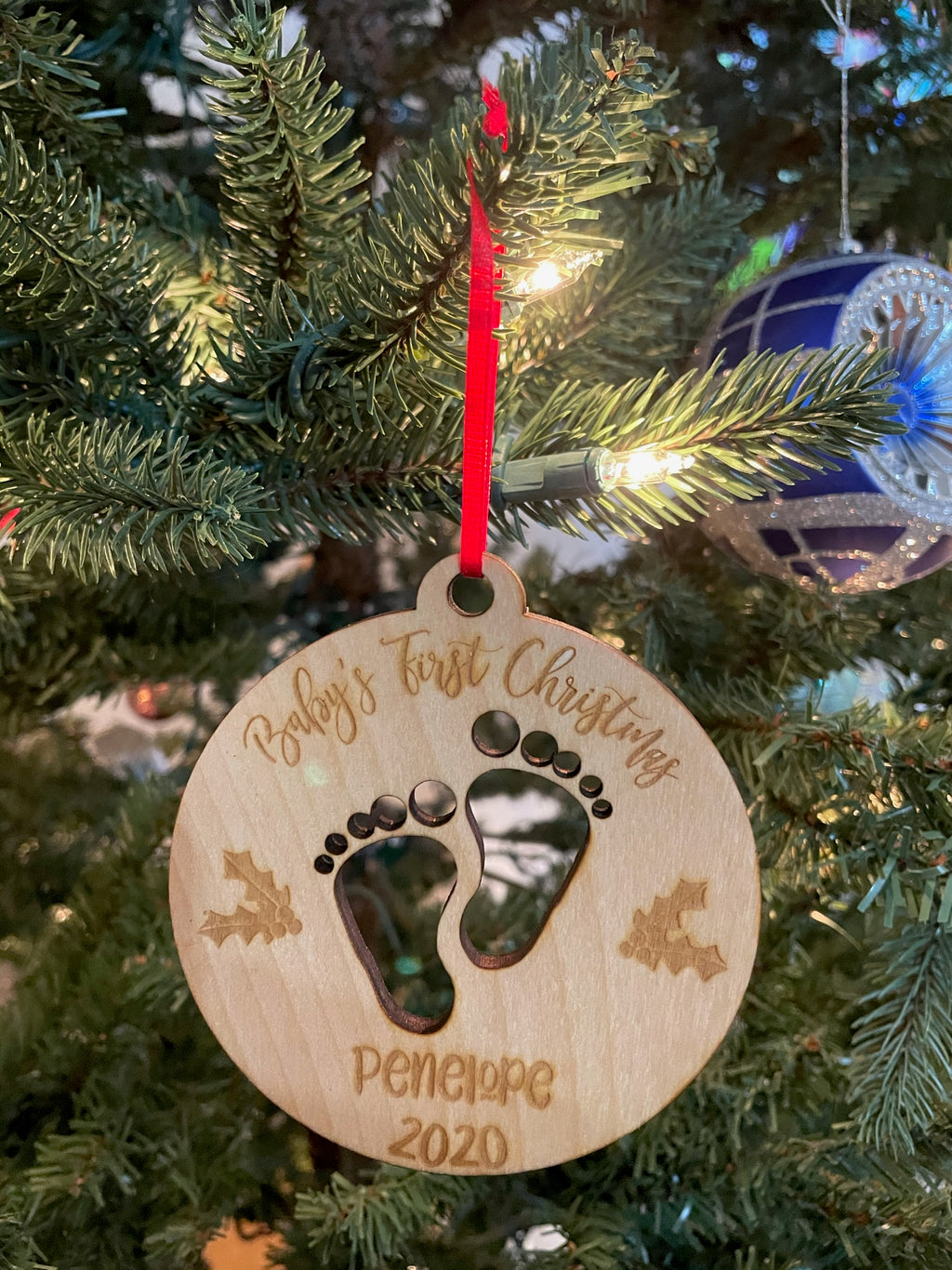 Personalized Baby's First Christmas Laser Cut Feet Wooden ornament