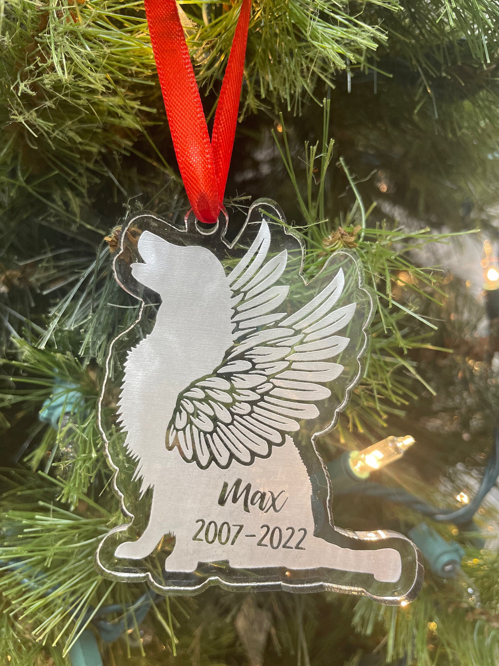 Laser Cut and Engraved Dog Wings Memorial Clear Acrylic Ornament, Christmas, Dog Wings