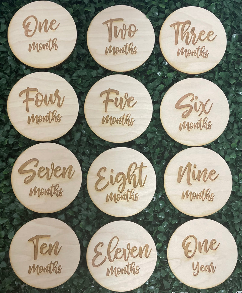 Made to order set of Twelve (12) Laser Cut Baby Circles Wooden milestone Markers / Monthly Circles Discs
